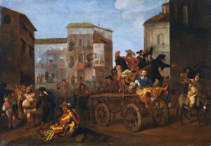 Commedia dell’arte Troupe on a Wagon in a Town Square by Jan Miel (1640)